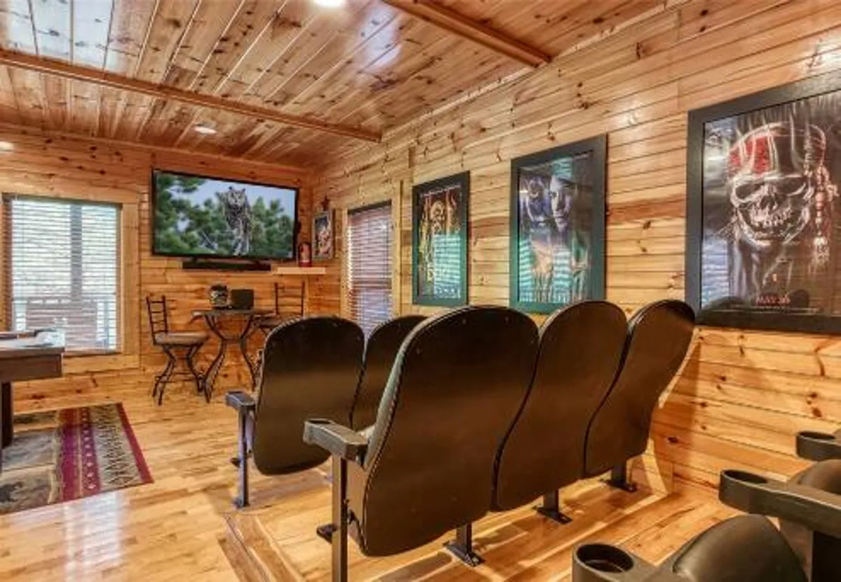 An interior scene featuring comfortable seating, a large TV, and fun, artistic posters, creating a relaxed and entertaining atmosphere perfect for movie marathons or game nights.